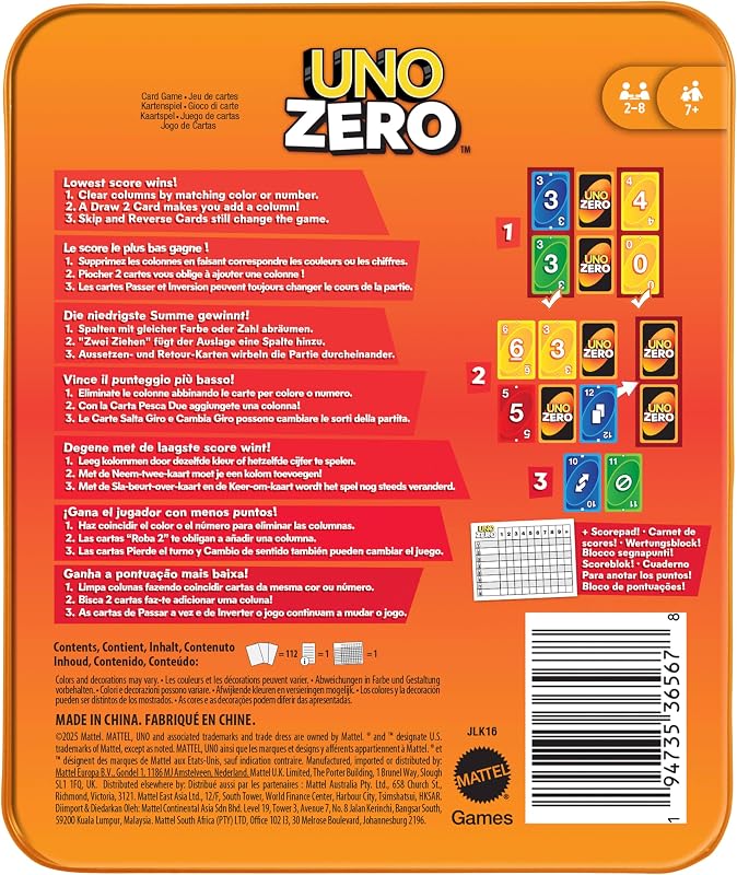UNO Zero Gioco di Carte, 7+ anni, 2-8 giocatori