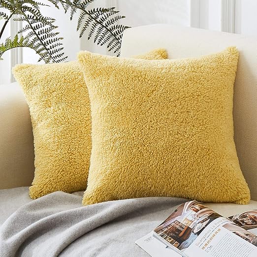 Topfinel Mustard Yellow Faux Fur Cushion Cover 20x20 Inch Fluffy Soft