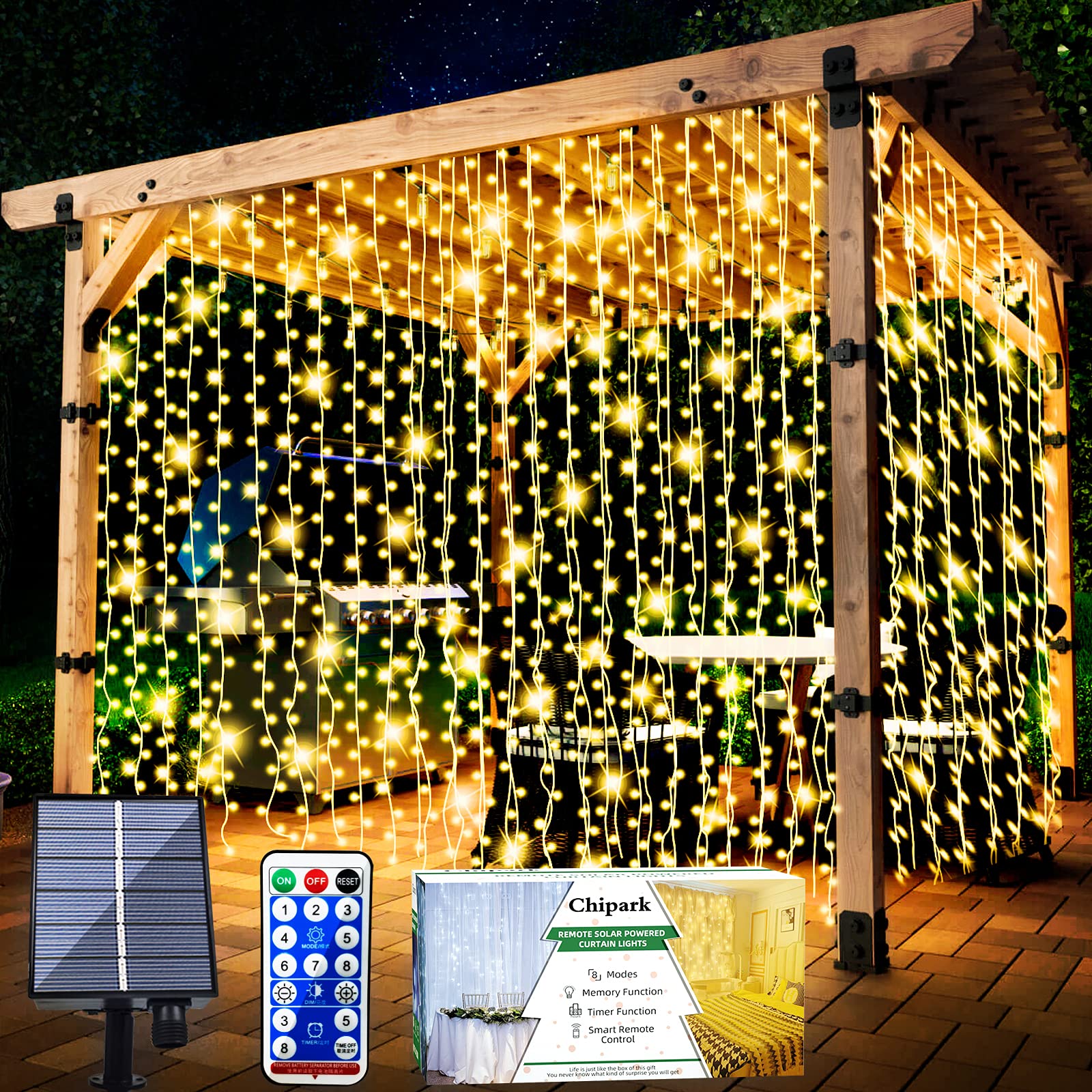 Chipark Solar Curtain Lights, Upgraded Garden Fairy Lights Solar Powered 300 LED 8 Modes Remote Control Waterproof Outdoor Curtain String Light for Gazebo Patio Party Festival Decorations(Warm)