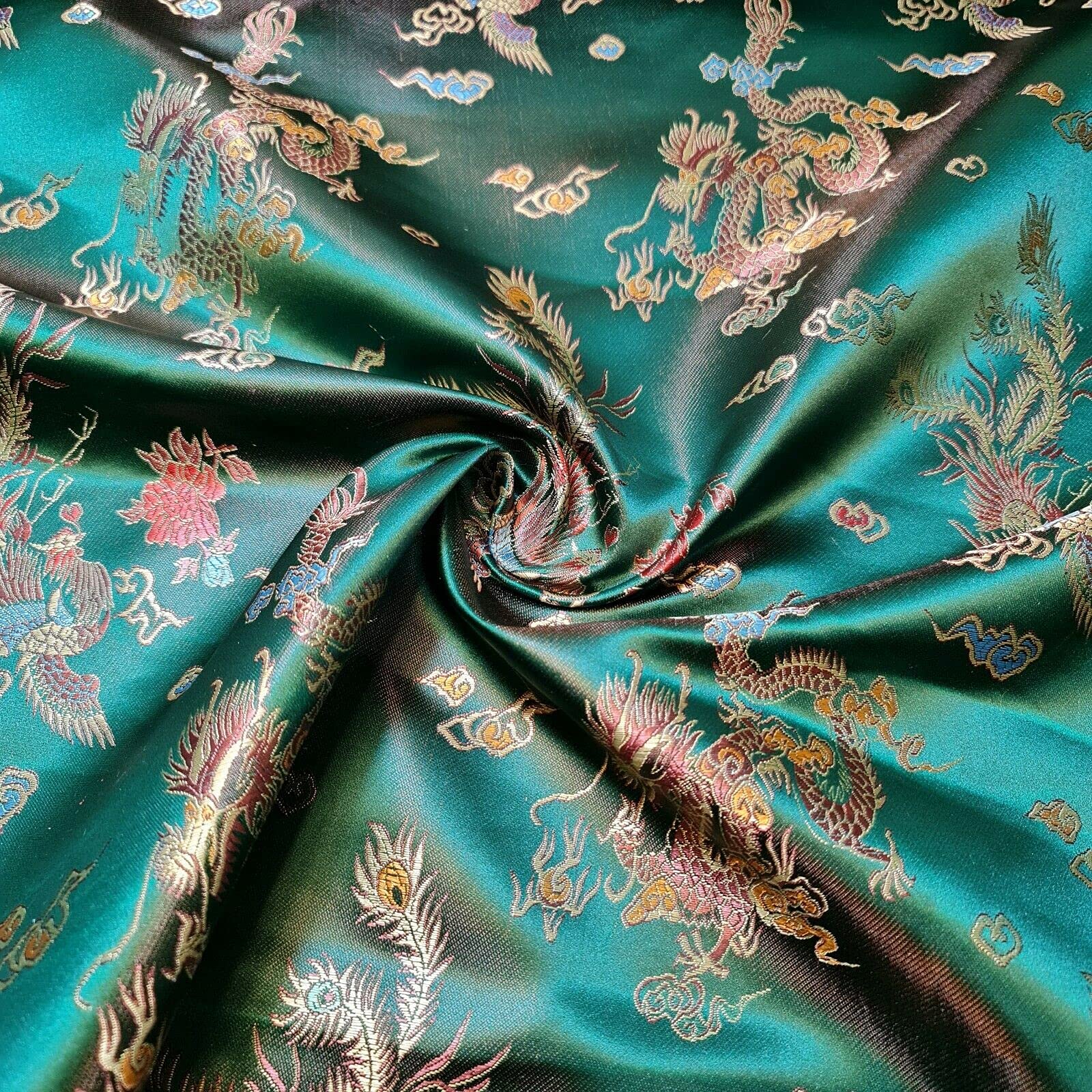 Oriental Chinese Embroidery Brocade Poly Silk Satin Oriental Dragon Fabric 36" (Green, 2 Meter)