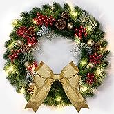 Taybonds Christmas Wreath for Front Door with Gold Bow, 13" Christmas Wreath with Pine Cones, Red Berries & Glitter Balls, Holiday Door Wreath for Indoor Outdoor Xmas Decor