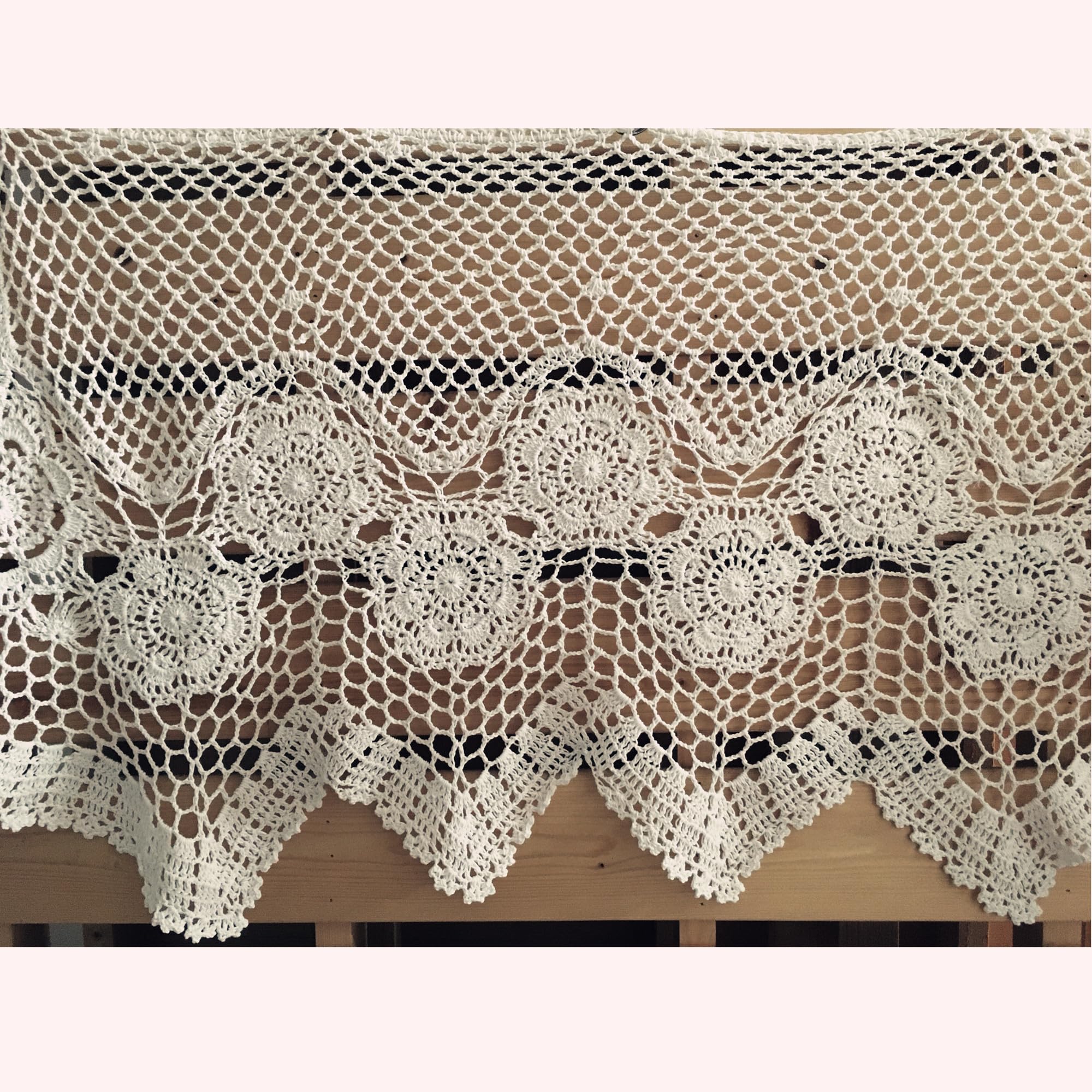 MINDPLUS Windown Curtains Hand Crocheted Lace Cotton Kitchen Valances Cafe Short Curtain Farmhouse Hollow Window Decoration (Beige, H 17 inch * W 60 inch)