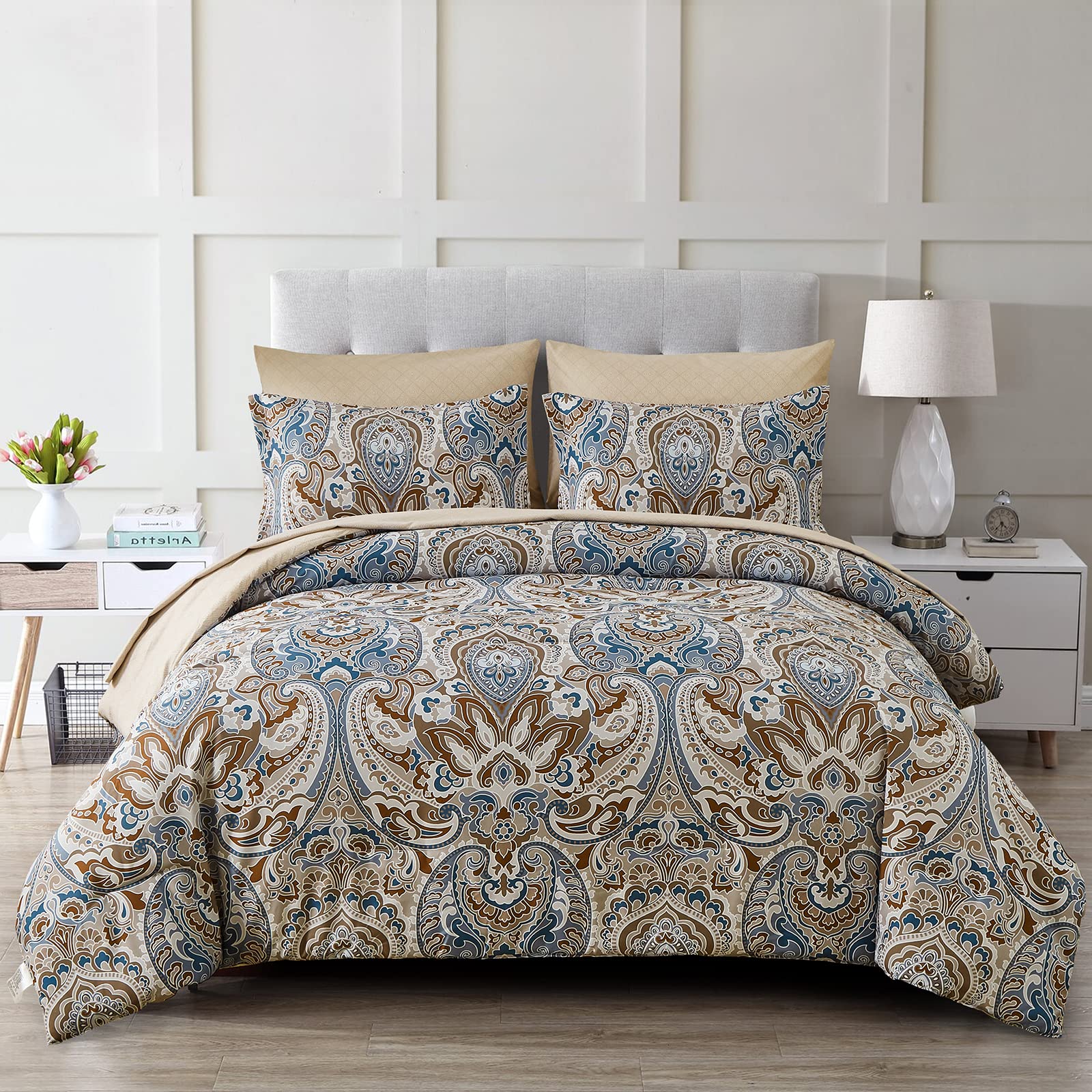Photo 1 of Drucon Brown Paisley Comforter Set Queen, 7 Pieces Bed in a Bag Comforter Boho Paisley Pattern Bedding Soft Microfiber Queen Size Comforter with Sheet & Pillowcase