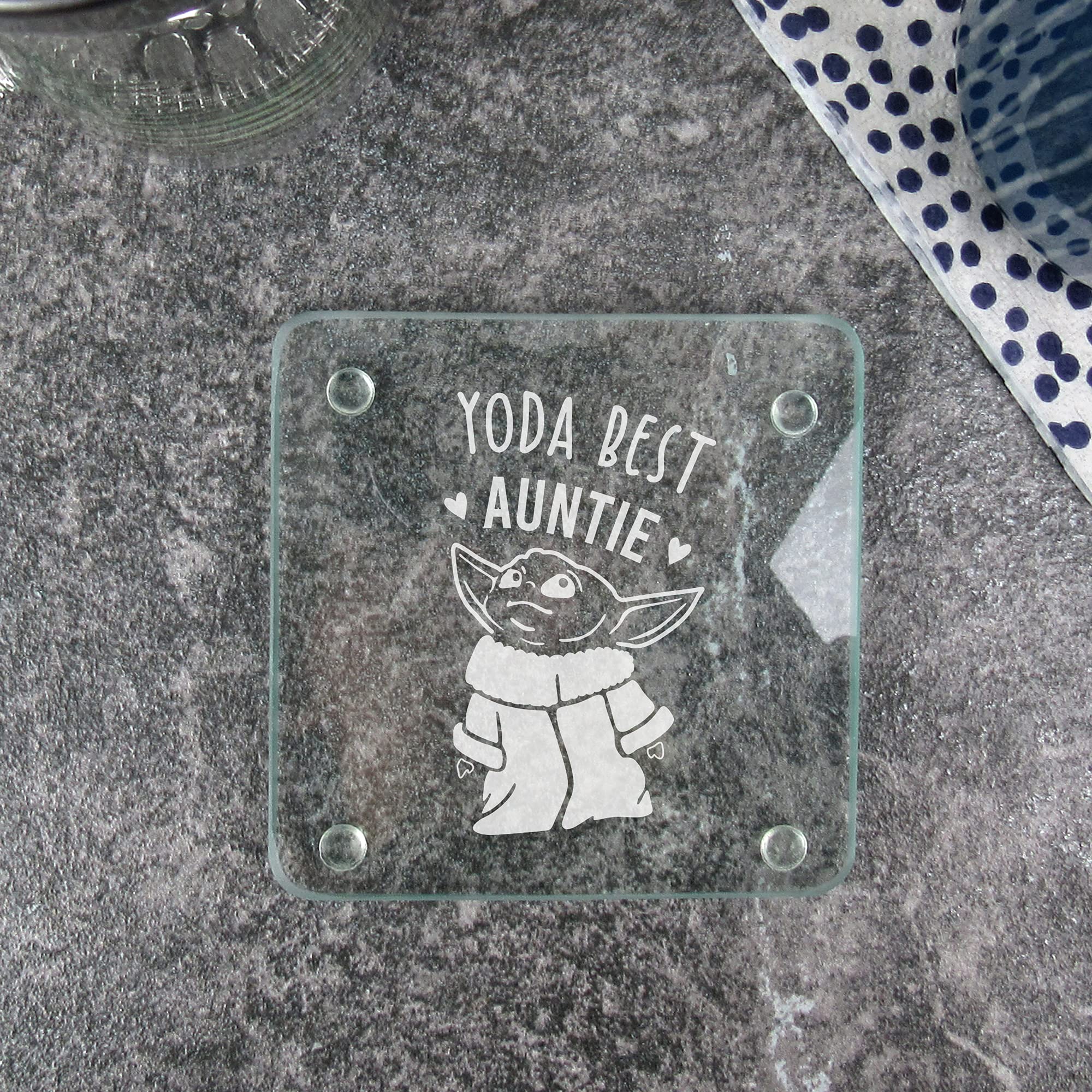 eBuyGB Personalised Square Glass Coaster, Engraved Baby Yoda Coaster, Star Wars Themed Drinks Mat, Funny Gifts for Aunt, Aunty (Yoda Best Auntie)