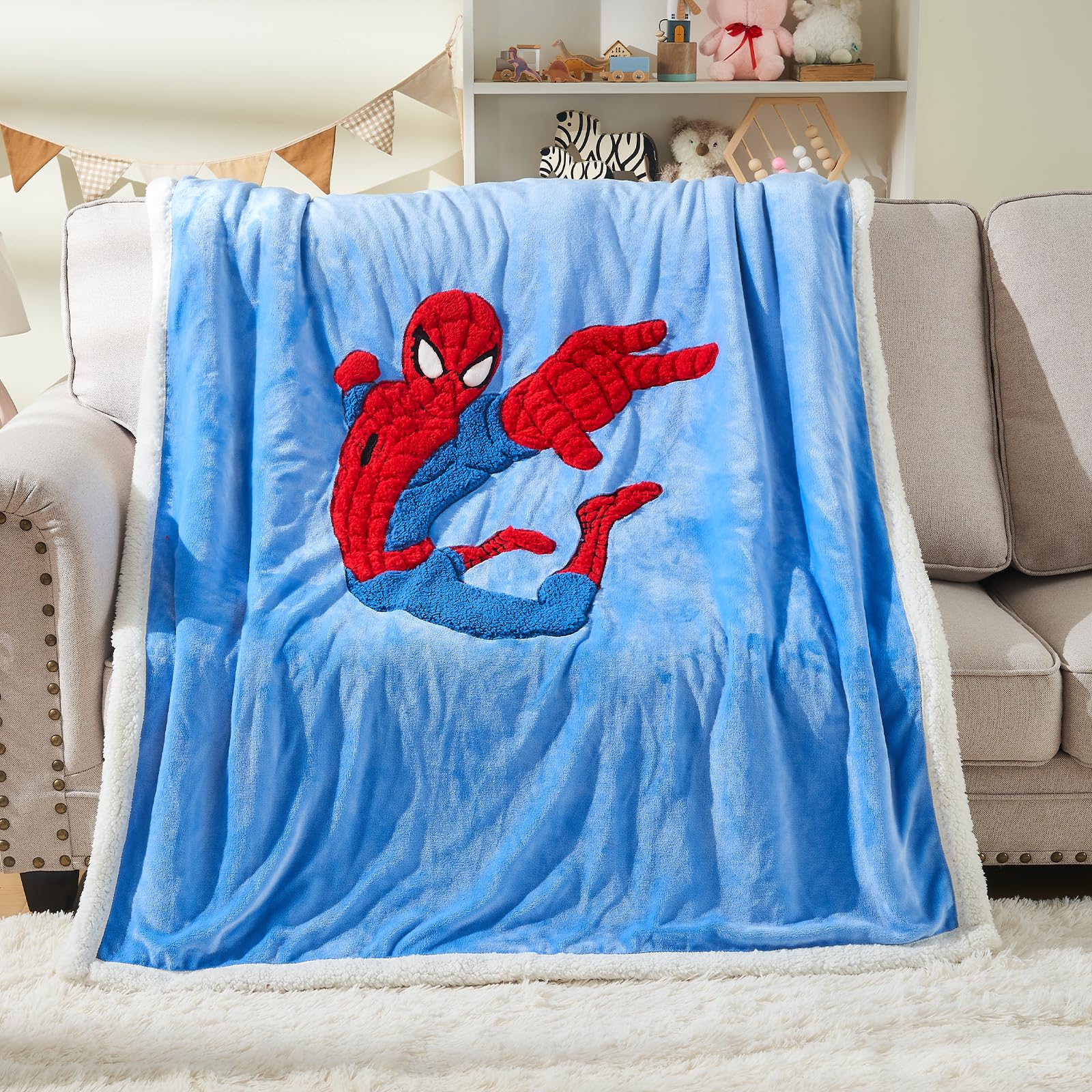 Kids Throw Blanket, 3D Cartoon Embroidery Sherpa Blanket Boys Girls Gifts, Blue main image 1