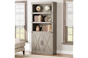 70" Farmhouse Bookshelf with Doors, 5-Tier Tall Bookcase with Storage Cabinet, Rustic Gray Wooden Display Shelf for Living Ro