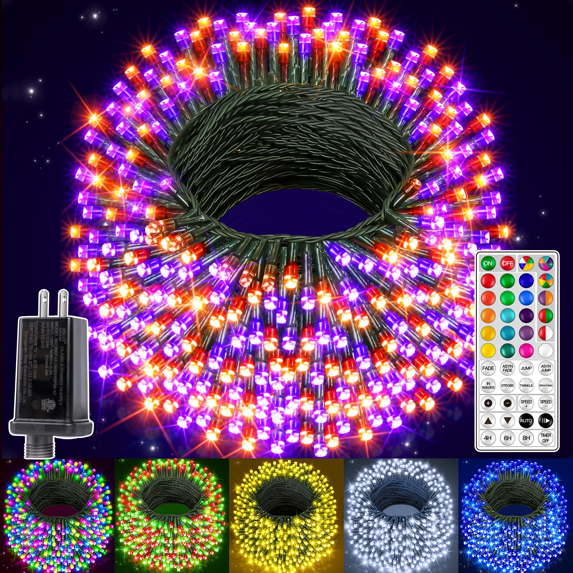 Photo 1 of Ollny RGB Halloween Lights 600 LEDs 197 FT, 130 Modes Color Changing Christmas Tree Lights with Remote, Timer & Waterproof, Outdoor Christmas String Lights for Year-Round House Decorations