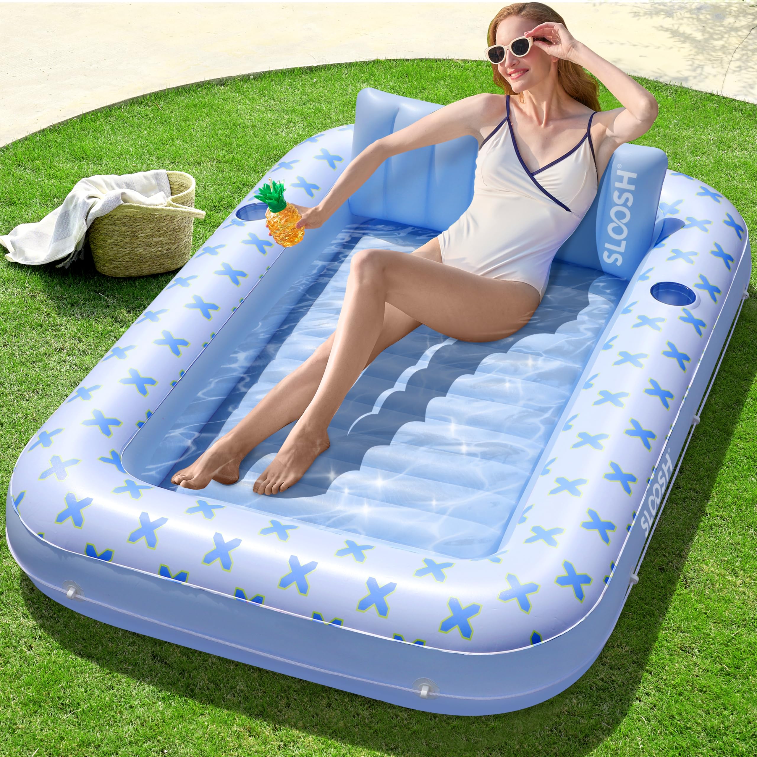 Photo 1 of SLOOSH Inflatable Tanning Pool Lounger Float, 70" x 46" Pool Floats Adult with Pillow, 4 in 1 Suntan Tub Raft Floatie,Sunbathing Bed Lounge for Water Blow Up Ball Pit Party Gifts, Blue Breezestar