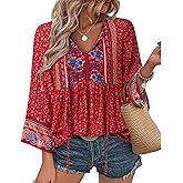 Unixseque Summer Boho Womens Tops Floral Print Dressy Casual V-Neck Tie Front Trendy Fall 3/4 Sleeve Blouses