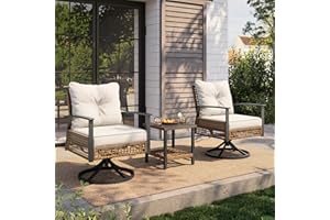 LAUSAINT Home 3 Pieces Rocking Bistro Set, Wicker Patio Bistro Set with 2 Rocking Chairs and 1 Coffee Table, Outdoor Swivel Rocker Patio Chairs with Thickened Cushions for Porch, Backyard (Beige)