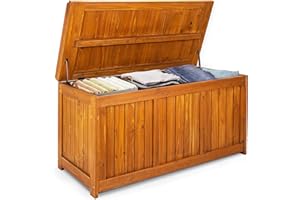 pnochoo 65 Gallon Solid Wood Deck Box, Garden Backyard Storage Bench, Waterproof Outdoor Storage Container for Patio Furniture Cushions Pool Supplies,Toys,Garden Tool,Sports Equipment