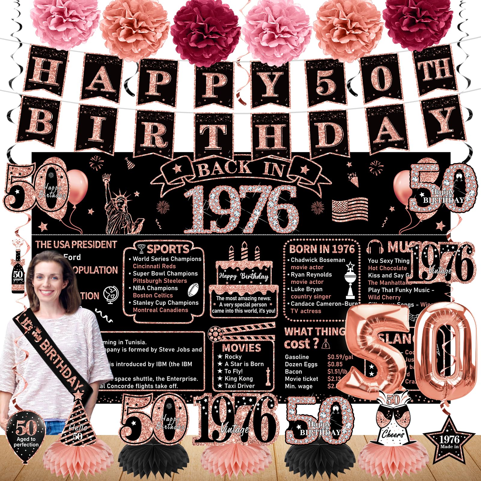 Zirtorei 50th Birthday Decorations for Women, 21pcs the Year 1976 Banner Balloon Party Supplies, Rose Gold 50 Year Old Birthday Backdrop, 50 Bday Honeycomb Centerpiece Hanging Swirls Sash Gifts