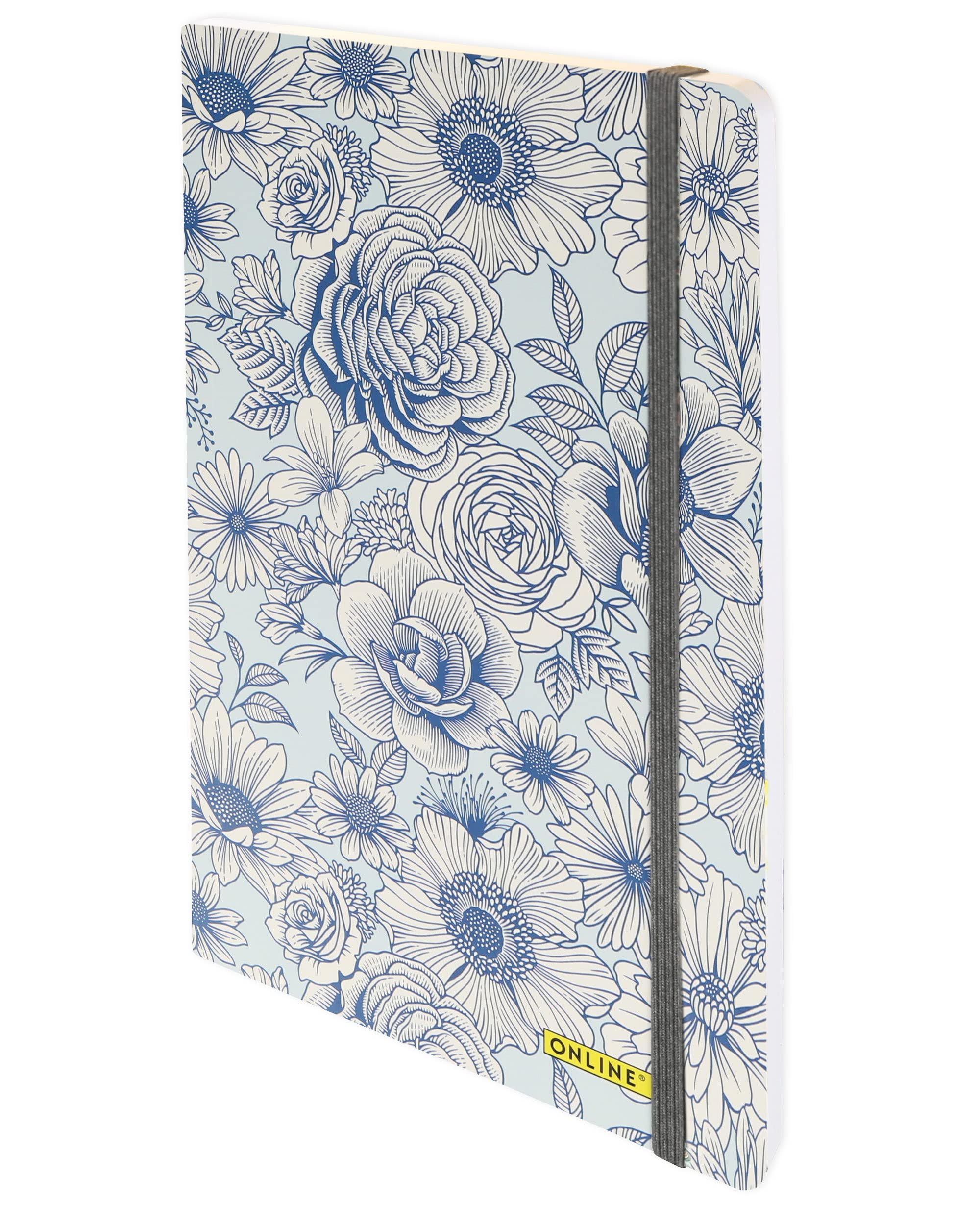 Online Bullet Journal Blue Flowers, 120 g/m² FSC Paper, DIN A5, 144 Inner Pages Dotted/Dotted, Notebook with Soft Cover and Elastic Band, Diary for Notes, Sketches, Lettering