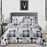 Blue White Brown Plaid Quilt Set Full/Queen Size Reversible Patchwork Bedspread Lightweight Blanket Soft Breathable Buffalo Check Bedding Gingham Coverlet Checker Bed Set Geometric Home Decor