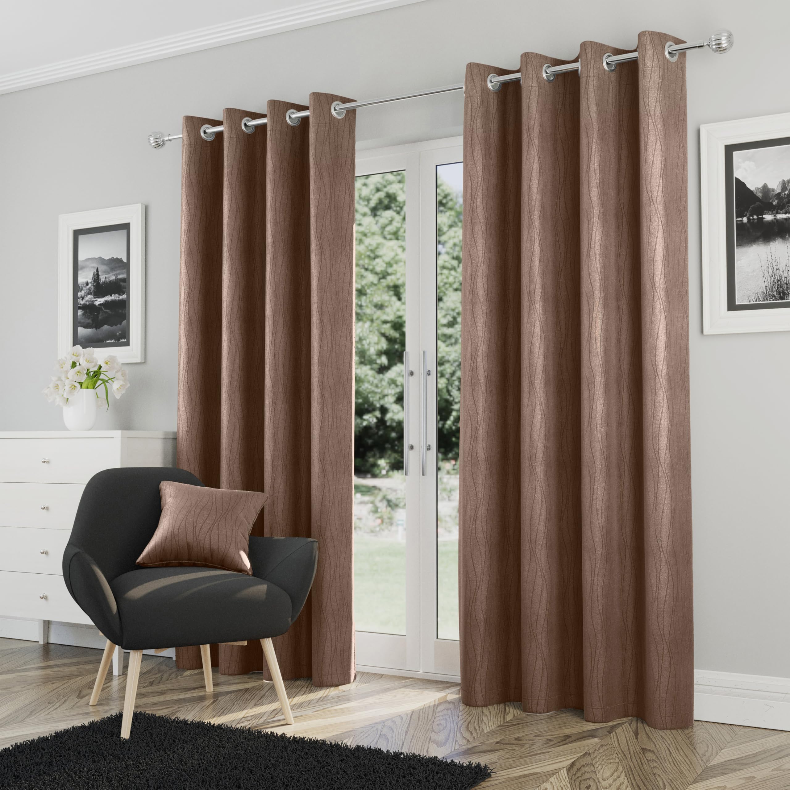 Enhanced Living Goodwood Eyelet Bronze Curtains for Bedroom with Subtle Wave Pattern - 66x72 inch (168x183 cm) - Noise Reducing Thermal Curtains for Bedroom - 2 x Curtain Panels