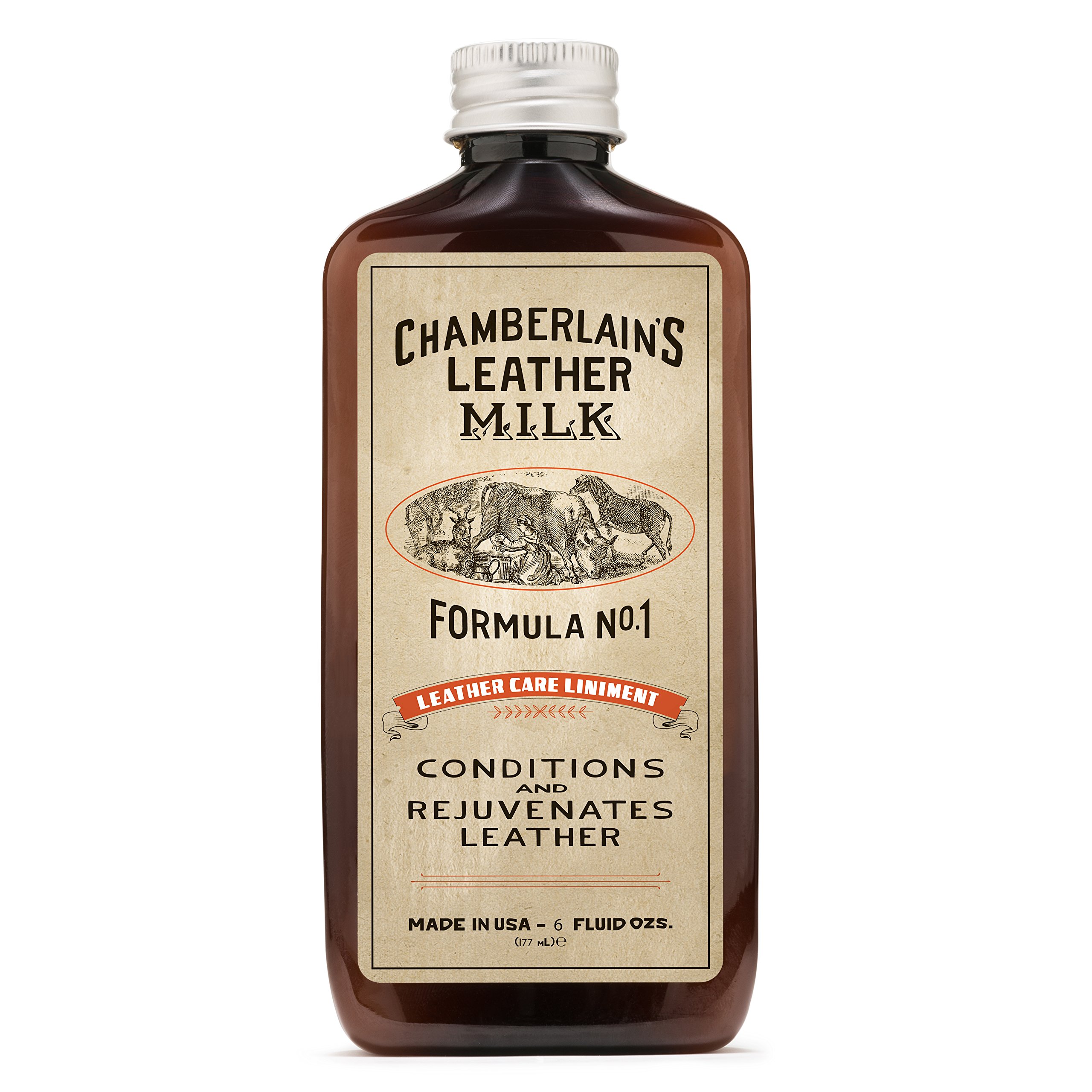 Chamberlain's Leather Milk Conditioner - Liniment No. 1 | Conditioner & Cleaner For Leather Bags, Auto, Footwear, & More. Two Sizes! Free Cleaning Pad! Trusted By Saddleback 6 OZ