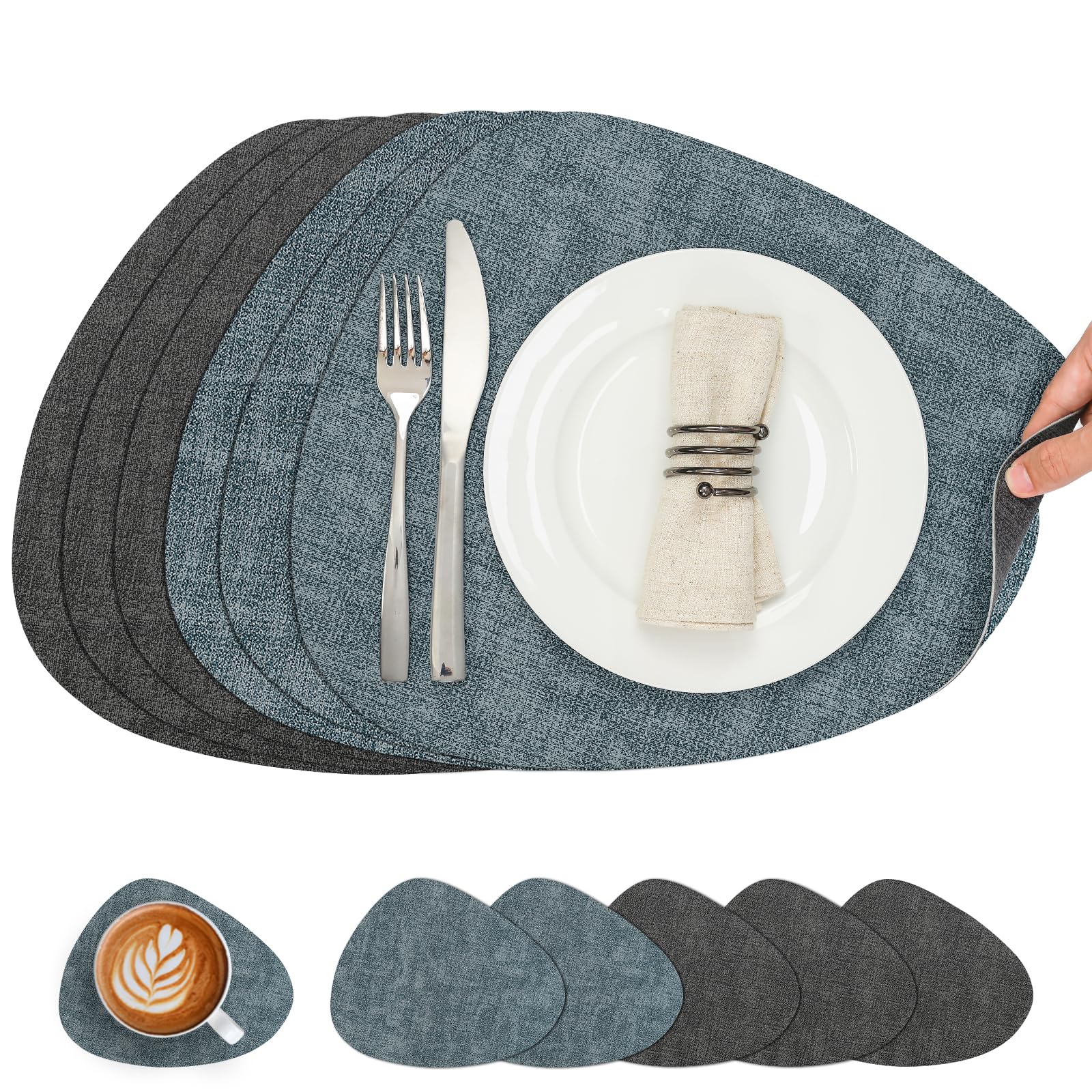 Chitomars Placemats and Coaster Set of 6, Place Mats Table Mats Coffee Mats Placemats set of 6 Triangle Waterproof Wipeable Dual Sided Kitchen Heat Resistant Non-Slip Washable