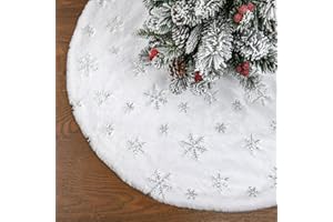 BUVANE Faux Fur Christmas Tree Skirt,36 inches Luxury Tree Skirt with Sliver Snowflake Sequin, Christmas Decorations Holiday Thick Plush Tree Xmas Ornaments（White and Silver,36 Inch）
