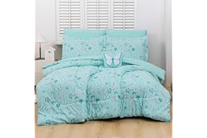 Mooreeke Bed in a Bag for Kids Girls Teens, 6 Pieces Twin Size Comforter Bed Set with Shams, Sheet Set and Decorative Toy Pillow, Butterfly Mint Green Super Soft Microfiber Kids Comforter Bedding Set