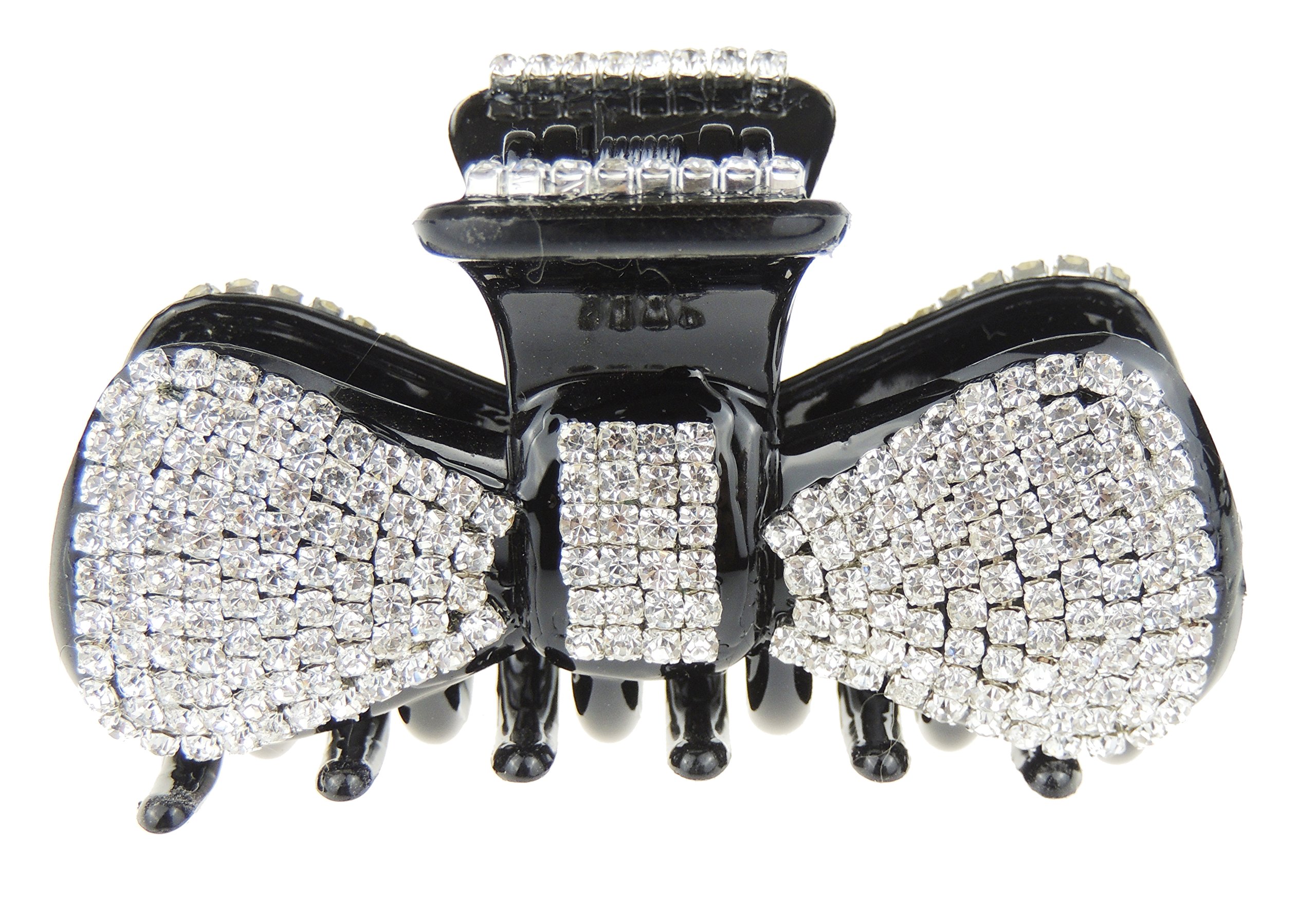 Extra Sparkly Women Girls Crystal Diamante Rhinestone Gems Bridal Wedding Evening Party Styling Fine Thin Hair Accessories Butterfly Claw Jaw Clip Octopus Clamp Grip 8cm Bow (Black)