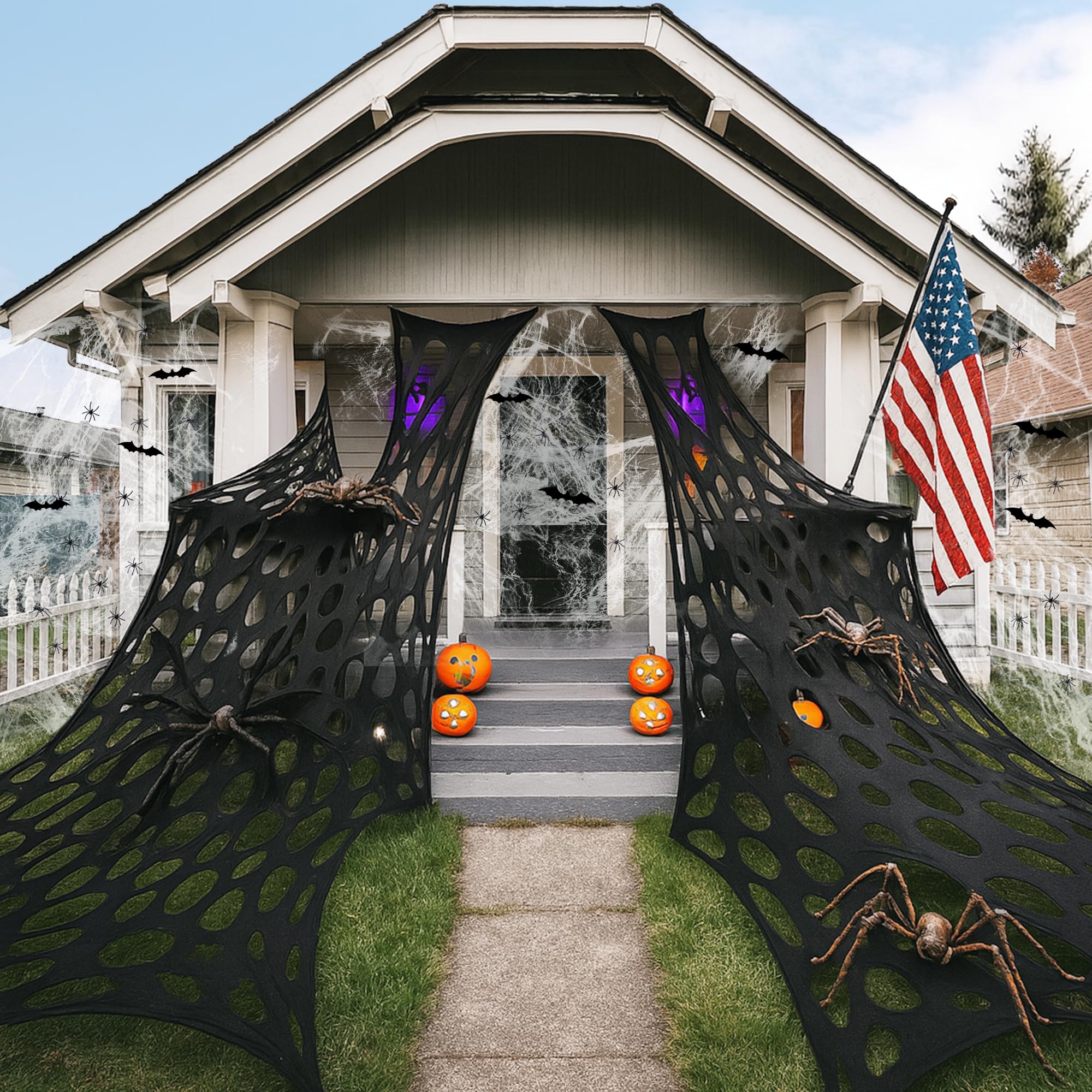 Photo 1 of 1360 Sqft Cuttable Stretchy Spider Web Halloween Decoration, Black Giant Outdoor Beef Netting Halloween Spider Webs, DIY Spooky Gauze Cobweb Fake Spiders Bats for Yard Garden Party Decor (472" x 39")