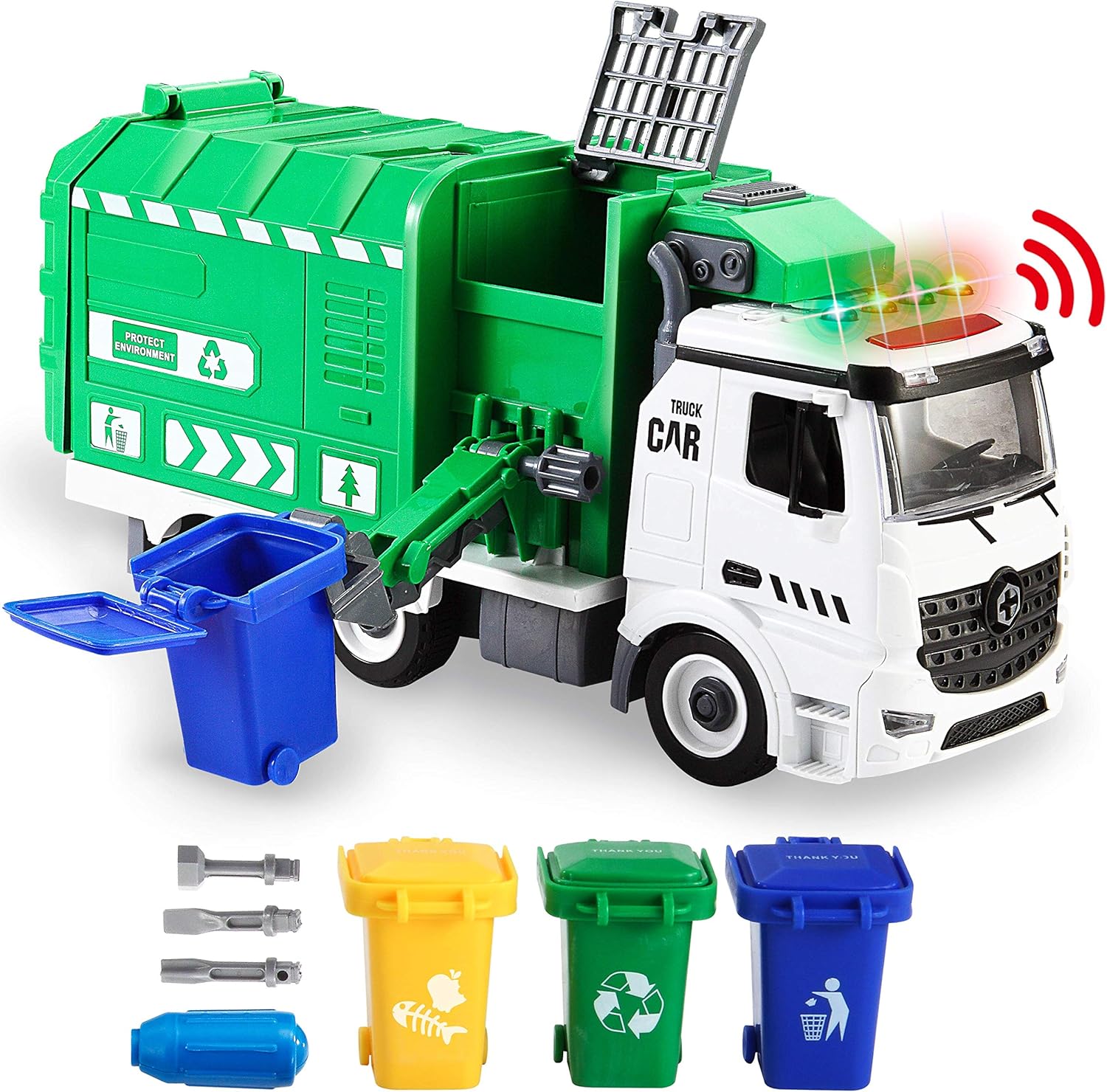 toy garbage truck with trash cans