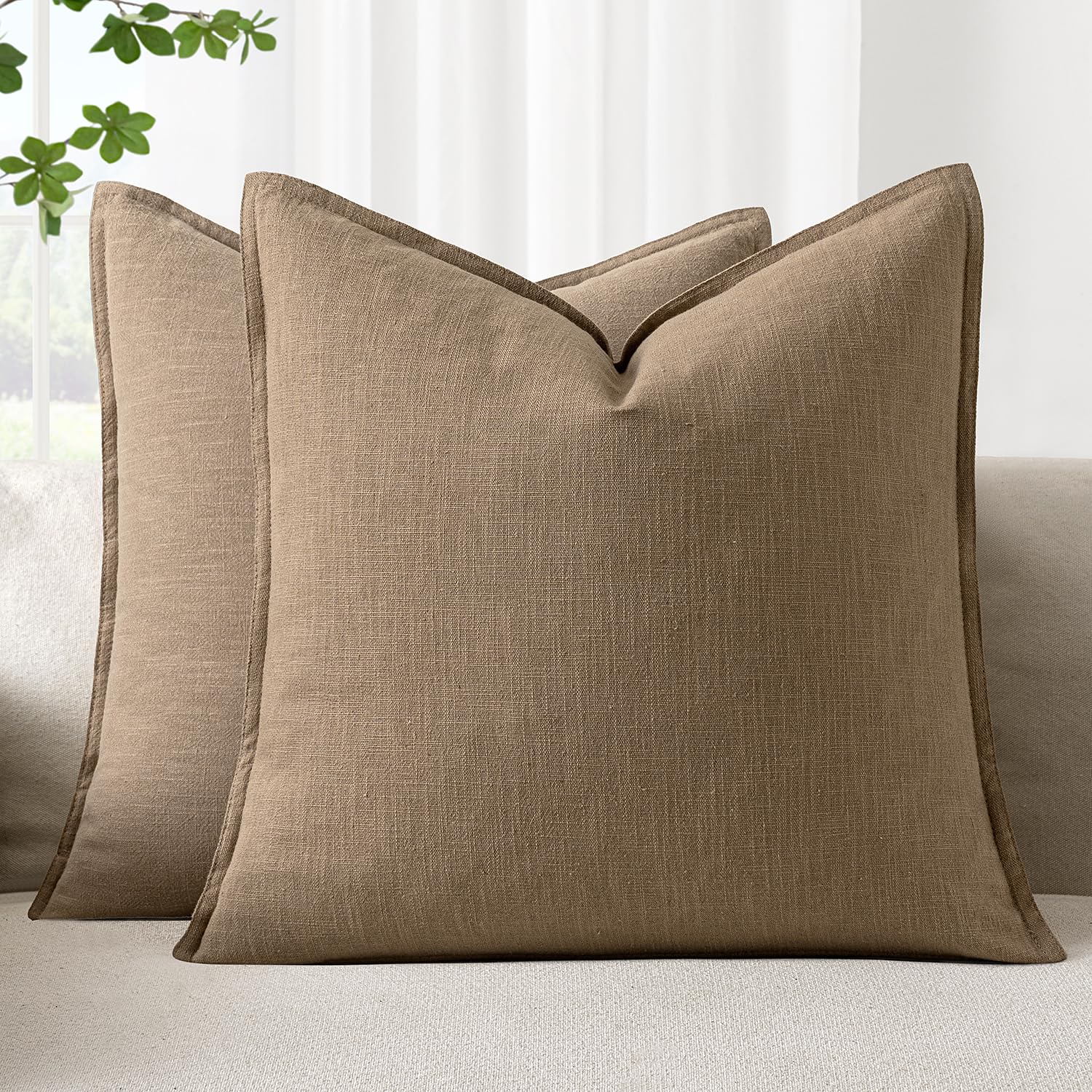 Photo 1 of Woaboy 20x20 Inch Set of 2 Decorative Linen Solid Throw Pillow Covers Boho Accent Farmhouse Couch Pillowcases Modern Netural Home Decor for Couch Sofa Living Room Bed,Khaki
