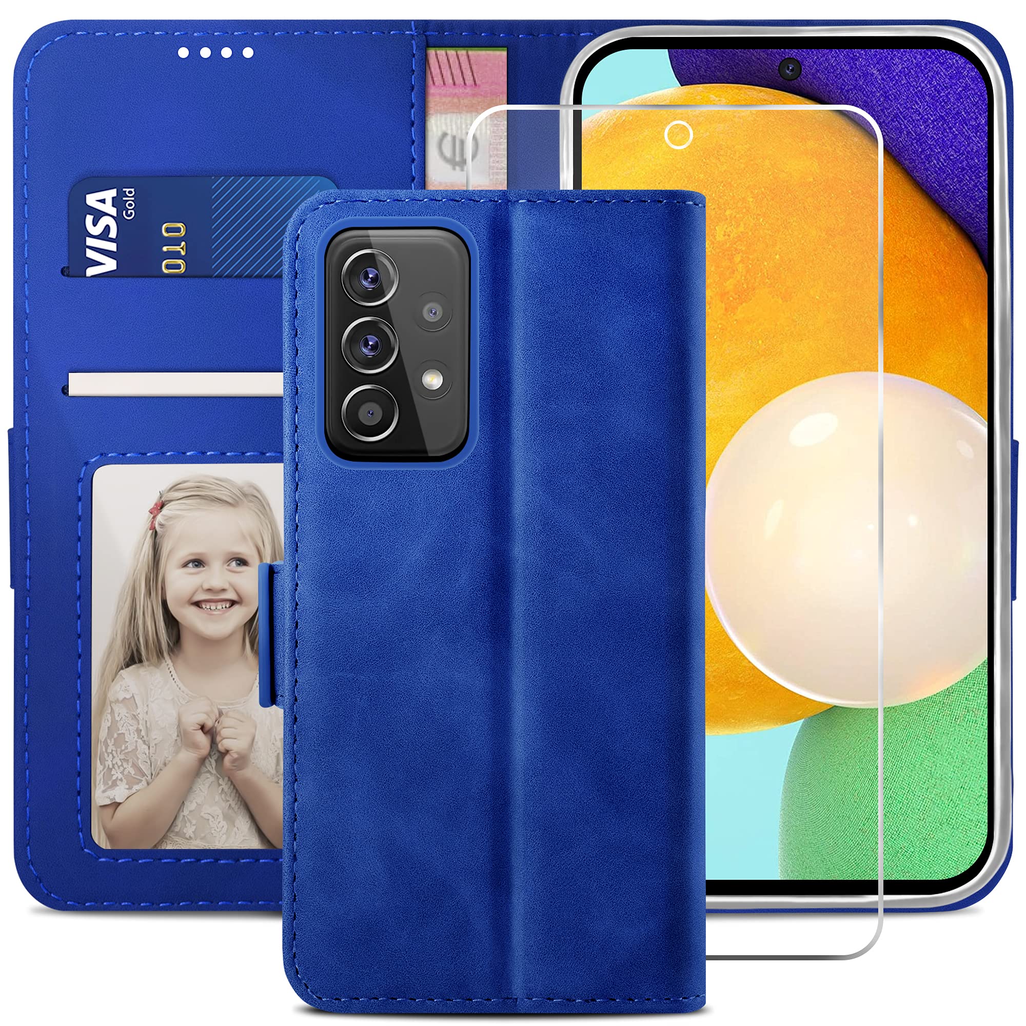 YATWIN Compatible with Samsung Galaxy A52s/A52 5G Case, Flip Wallet Leather Case with Tempered Glass Screen Protector and Card Slot Kickstand Phone Cases Cover for Samsung A52s/A52 5G - Royal Blue