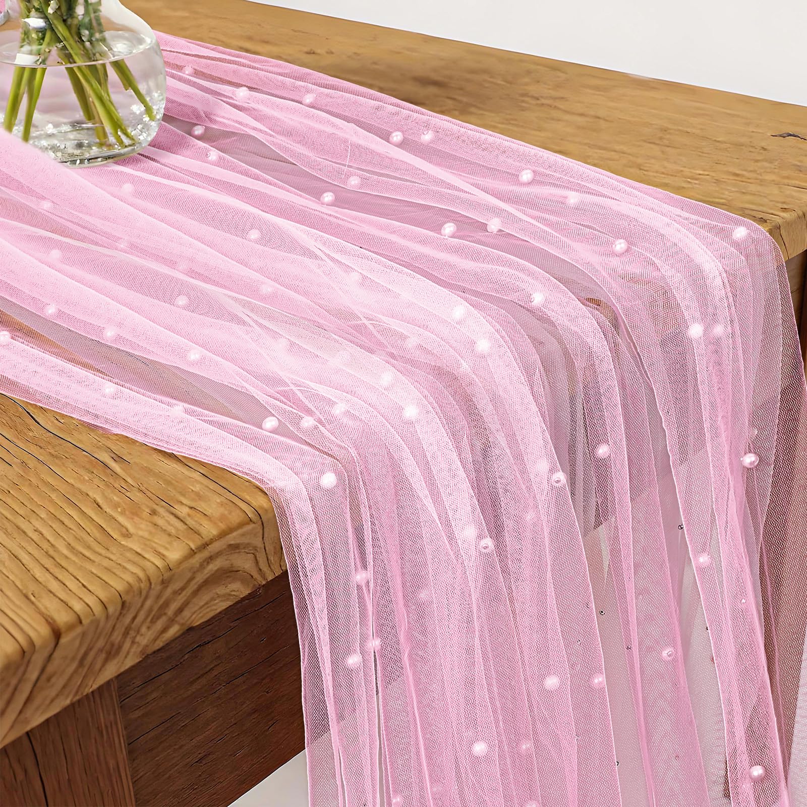 Photo 1 of Pink Lace Table Runner with Pearl, 10ft × 2.6ft Light Pink Tulle Table Runner Tulle Fabric Lace Tables Runners Rustic Boho Pearl Tables Runners for Bridal Shower Wedding Party Arch Veil Dessert Decor