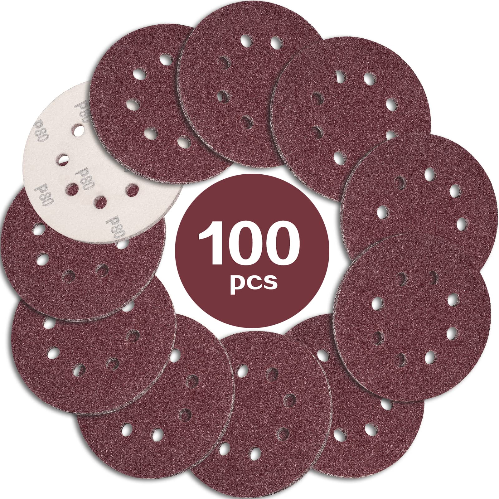 STEBRUAM 100PCS 125mm Sanding Discs 80 Grit, 5 Inch 8 Hole Hook and Loop Sanding Pads for Random Orbital Sander