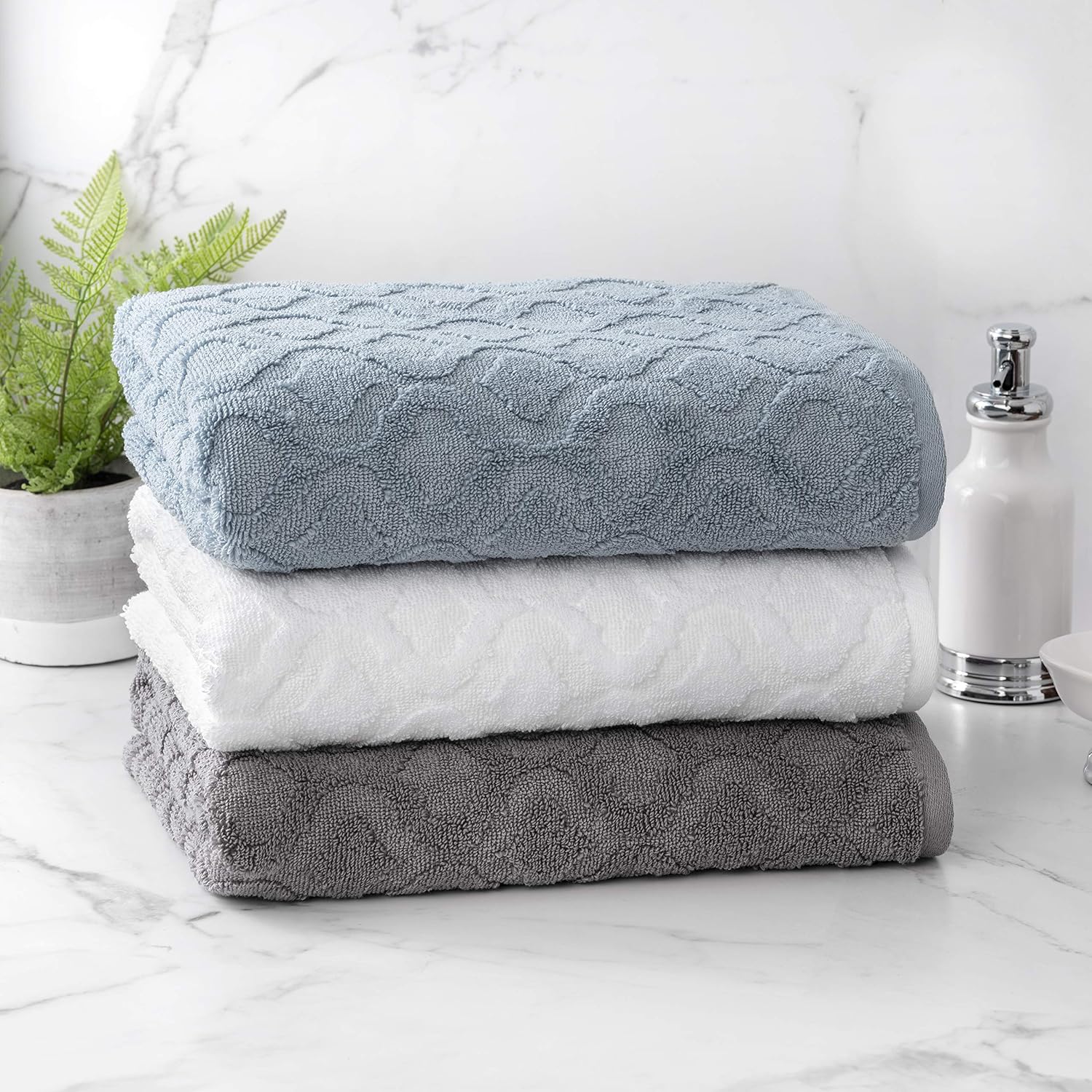 Welhome Athena Cotton Poly Textured Towel - Set of 6 (Dusty Blue) - Luxurious - Highly Absorbent - Soft - Durable - 600 GSM - Machine Washable - 2 Bath - 2 Hand - 2 Wash Towels: Home & Kitchen