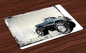 Ambesonne Truck Place Mats Set of 4, Halftone Pattern Background with Color Splashed Frame and Monster Truck Motif, Washable Fabric Placemats for Dining Table, Standard Size, Black Ivory