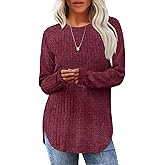 Saloogoe Long Sleeve Shirts for Women 2025 Fall Clothes Tunic Tops Loose Fit Dressy Crewneck Pullover Sweaters Curved Hem