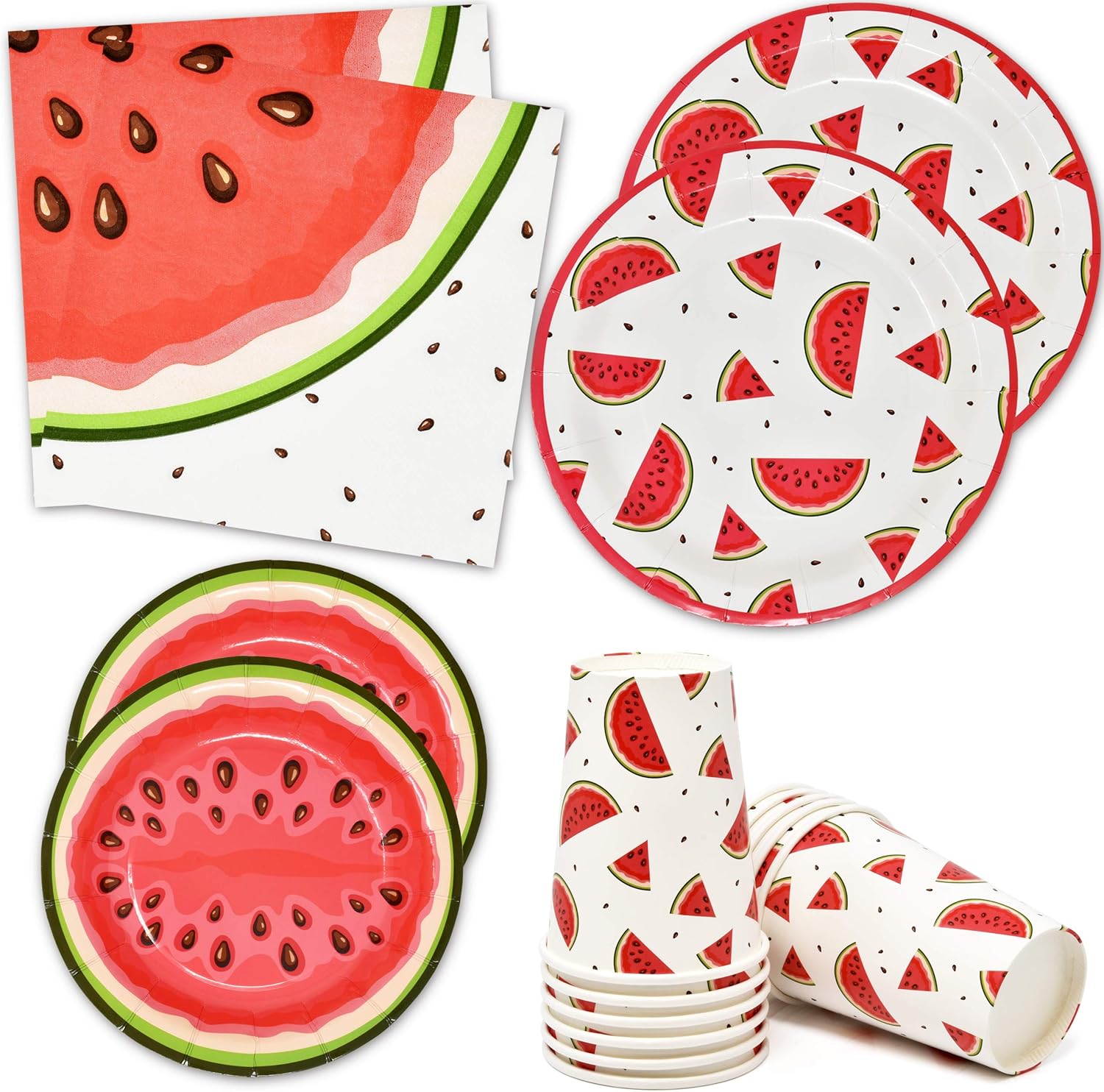 Watermelon Party Supplies Tableware Set 24 9" Plates 24 7" Plate 24 9 Oz. Cups 50 Lunch Napkins Pink Green Melon Fruit Slice Disposable Paper Goods for Summer Picnic Baby Shower & Birthday Party Décor