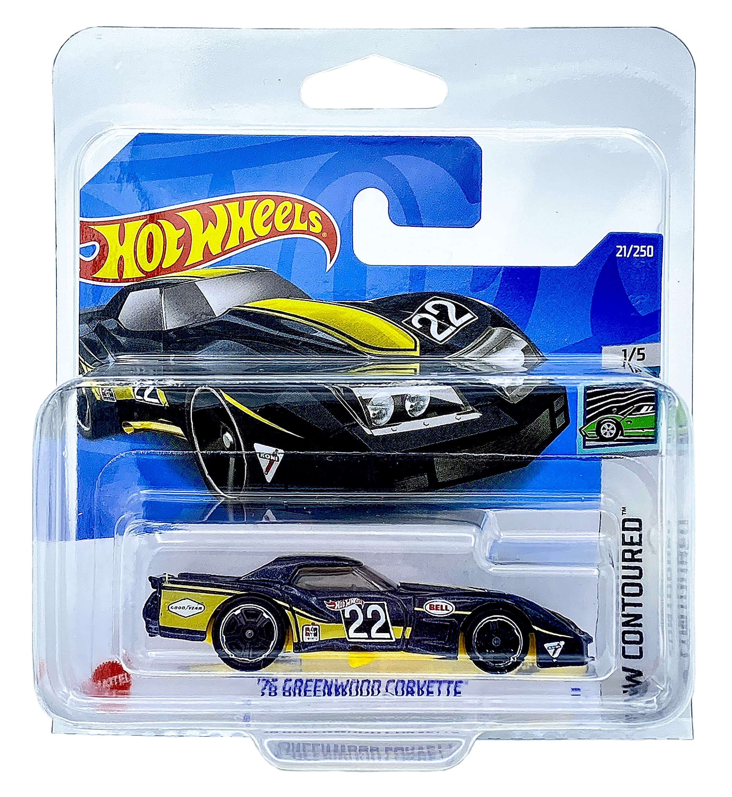 Hot Wheels '76 Greenwood Corvette (Black/Yellow) 1/5 HW Contoured 2022 - 21/250 (Short Card) *** COMES IN A KLAS CAR KEEPER PROTECTIVE COLLECTORS CASE *** HCV23