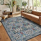 GarveeHome Floral Area Rugs 5x7, Dark Blue Washable Rug for Living Room, Bedroom, Low Pile Non Slip Stain Resistance Indoor Boho Carpet Mat for Farmhouse, Dining Room, Office