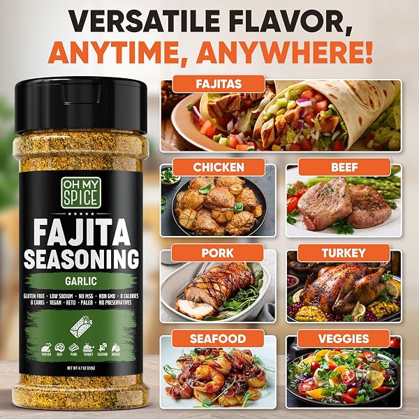 FAJITA SEASONING MIX GARLIC POWDER SEASONING – GLUTEN FREE & LOW SODIUM MEXICAN SEASONINGS BLEND FOR MEAT, VEGETABLES, STEAK & CHICKEN FAJITA. GARLIC AND HERB FAJITAS SEASONINGS SPICE. TACO MIX. 4.7OZ
