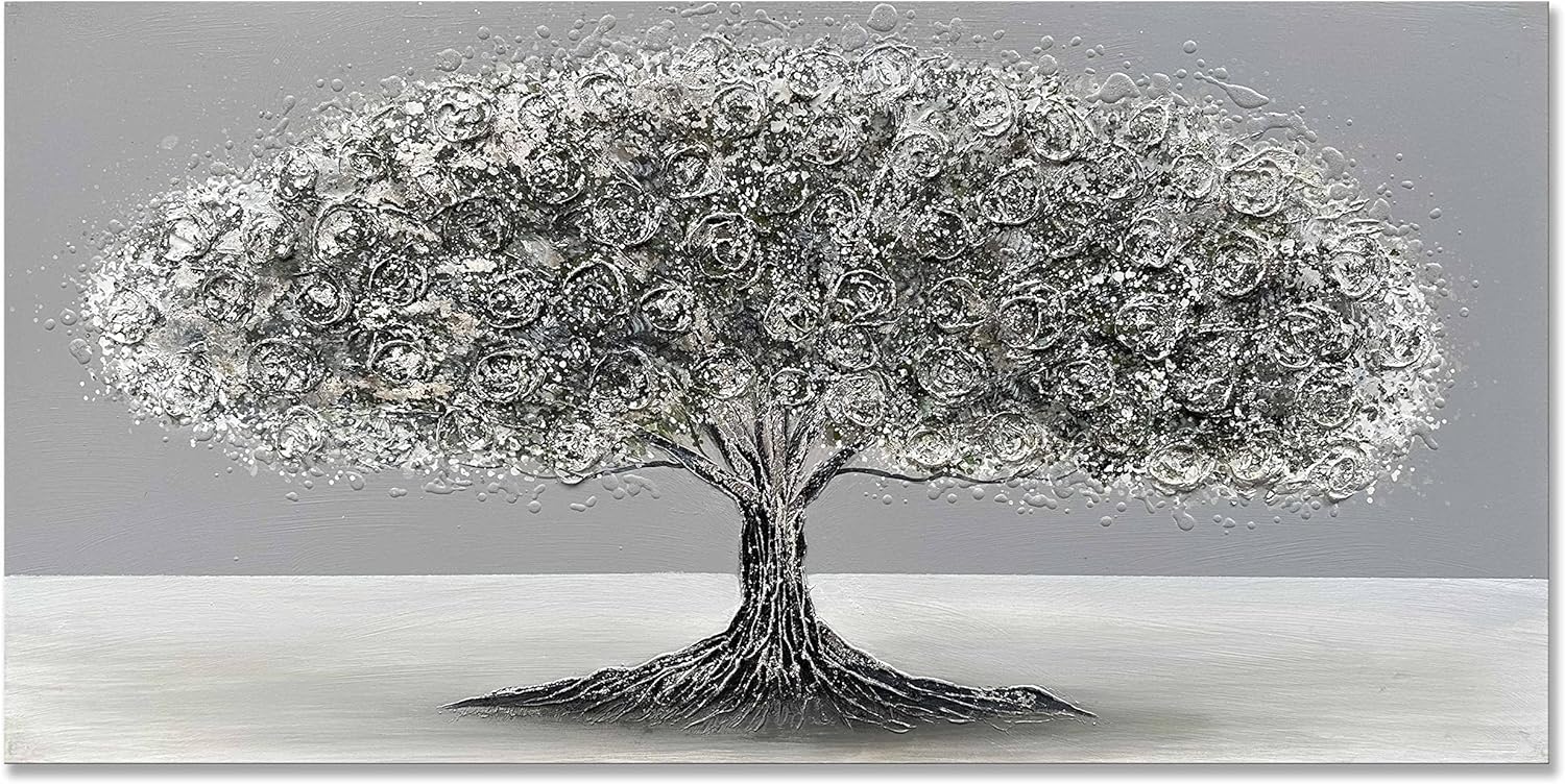 Paintings - Eonzeun Hand Painted Abstract Silver Tree Oil Painting Canvas Wall Art 24x48 inch,Large Contemporary Textured Art Painting Framed for Home Decor Ready to Hang