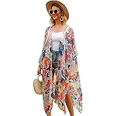 Hibluco Women's Long Floral Kimono Printed Cardigan Sheer Swimsuit Cover Ups