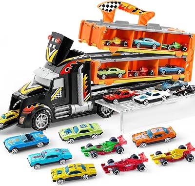 Camiones Juguete para Niños, 12 Vehículos de Juguete de Metal Fundido a presión con 2 lanzadores, Juguete Plegable Street Racer con Luces y Sonidos, Regalo para niños de 3 años en adelante