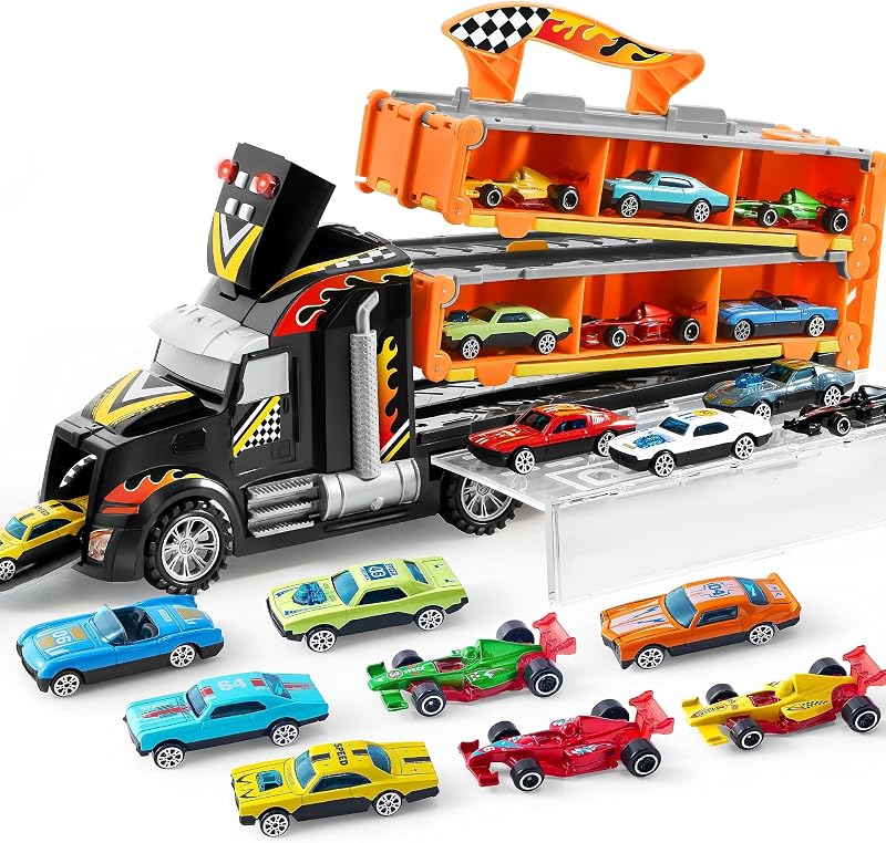 Camiones Juguete para Niños, 12 Vehículos de Juguete de Metal Fundido a presión con 2 lanzadores, Juguete Plegable Street Racer con Luces y Sonidos, Regalo para niños de 3 años en adelante