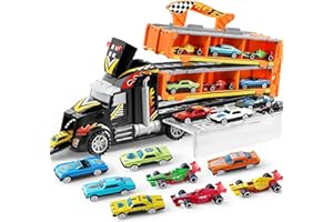 JOYIN Toy Truck for Kids, Race Toy Cars, 60" Extra Long Race Track and 12 Die-Cast Metal Cars, Toddler Carrier Truck with Lights & Sounds, Christmas Birthday Gifts for 2 3 4 5 6 7 Years Old Grandkids