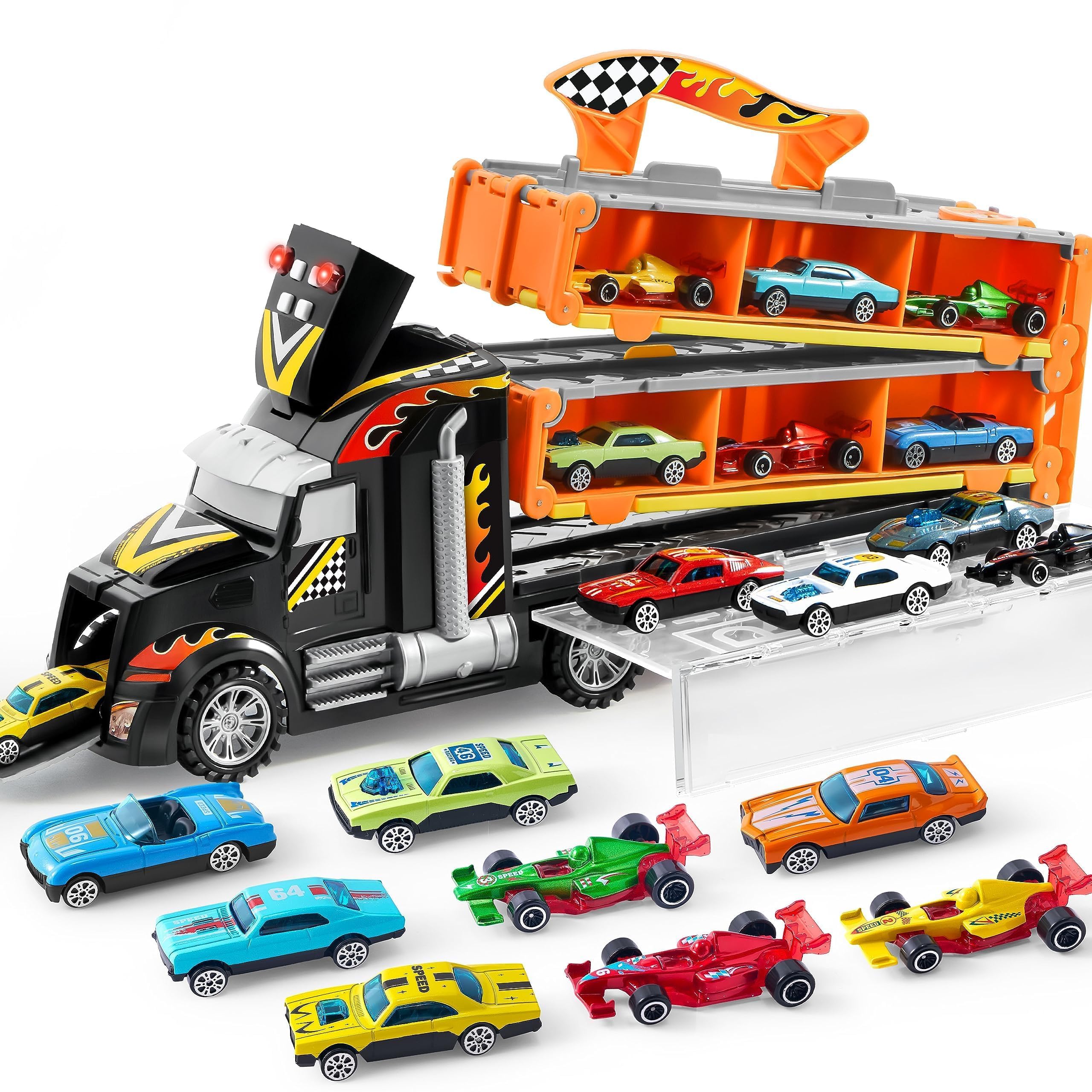 Photo 1 of JOYIN Toy Truck for Kids, Race Toy Cars, 60" Extra Long Race Track and 12 Die-Cast Metal Cars, Toddler Carrier Truck Playset with Lights & Sounds, Birthday Gift for 2 3 4 5 6 7 Years Old Boys Girls