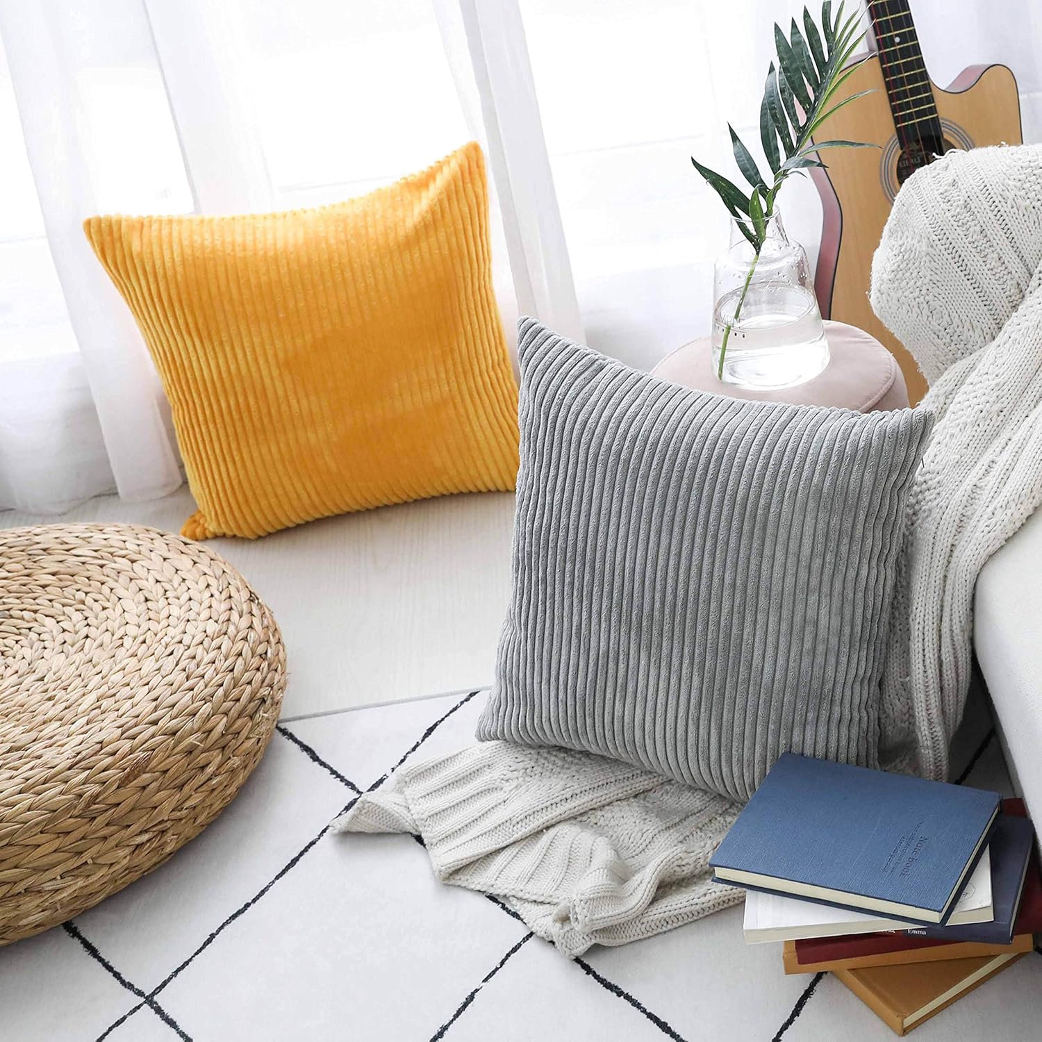 Home Brilliant Pillow Covers Super Soft Decorative Striped Corduroy Velvet Square Mustard Throw Pillows for Couch Sofa Cushion Covers Set of 2, 18x18 inch (45cm), Sunflower Yellow: Home & Kitchen
