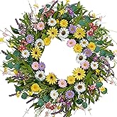 MAINGKAUNG Spring Wreath 22 Inch Artificial Summer Wreath with Yellow Daisy Flowers Green Eucalyptus Leaves Lavender Spring Wreaths for Front Door Home Farmhouse Porch Wall Easter Festival