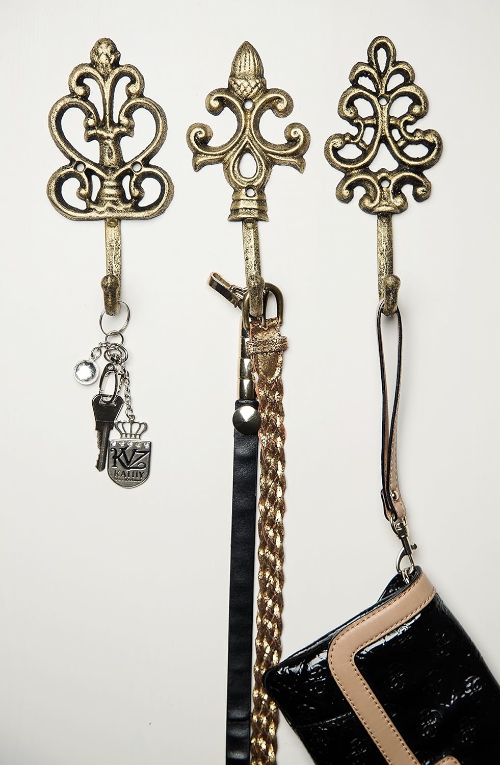 decorative wall hangers hooks on Home Storage Hooks Shabby Chic Cast Iron Decorative Wall Hooks Large Decorative Hanging Hooks Golden Screws And Anchors For Mounting Included Rustic Set Of 3 French Country Charm Farmhouse Metalic Coat Hooks