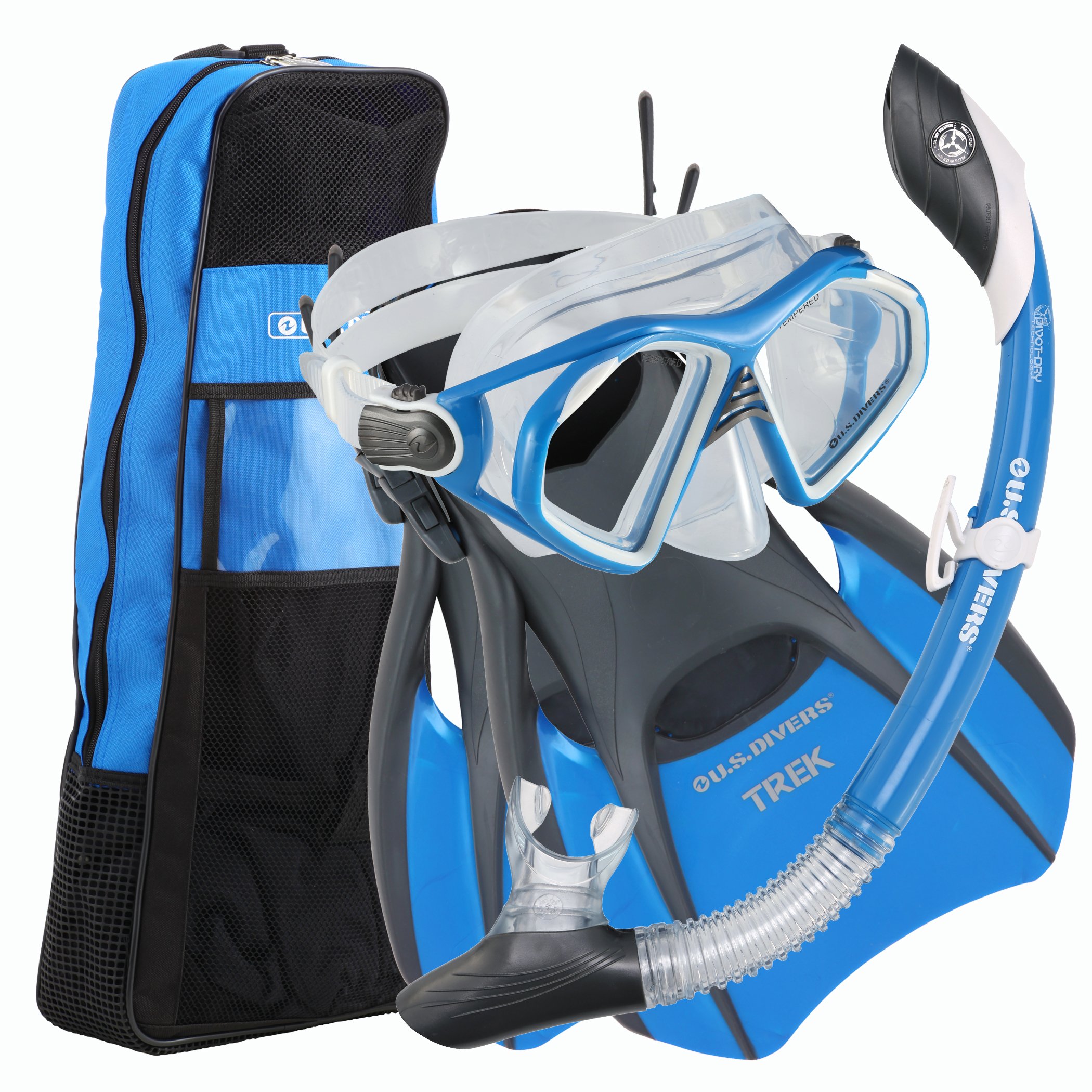 U.S. Divers Admiral Snorkeling Set - Premium Silicone Snorkel Mask, Trek Travel Fins, Dry Top Snorkel + Snorkeling Gear Bag