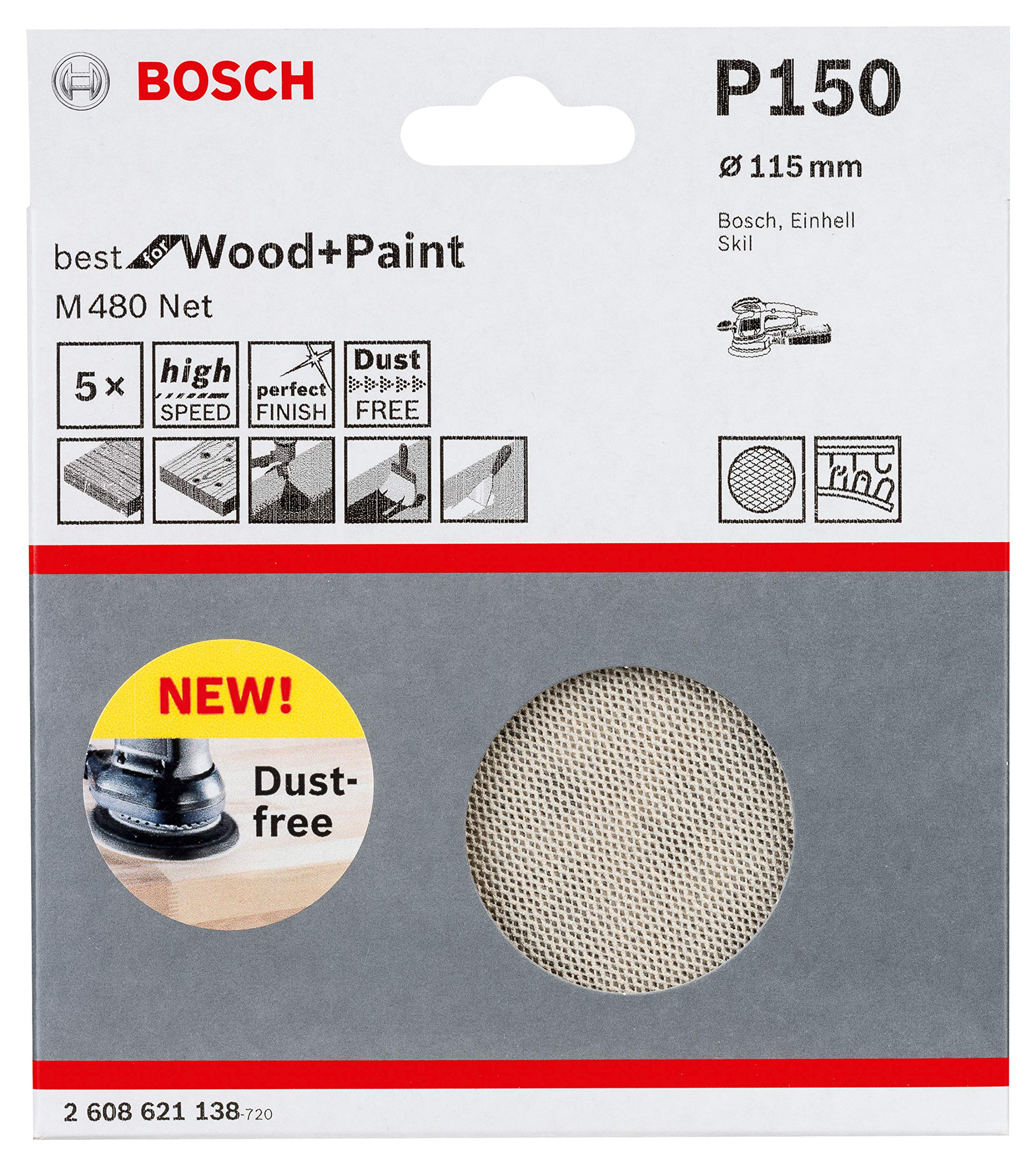 Bosch Professional 2608621138 G150, Set of 5 Sanding Sheets M480 Best (Wood and Paint, Ø 115 mm x 5, Grit P150, Accessories for Random Orbit Sander), White,