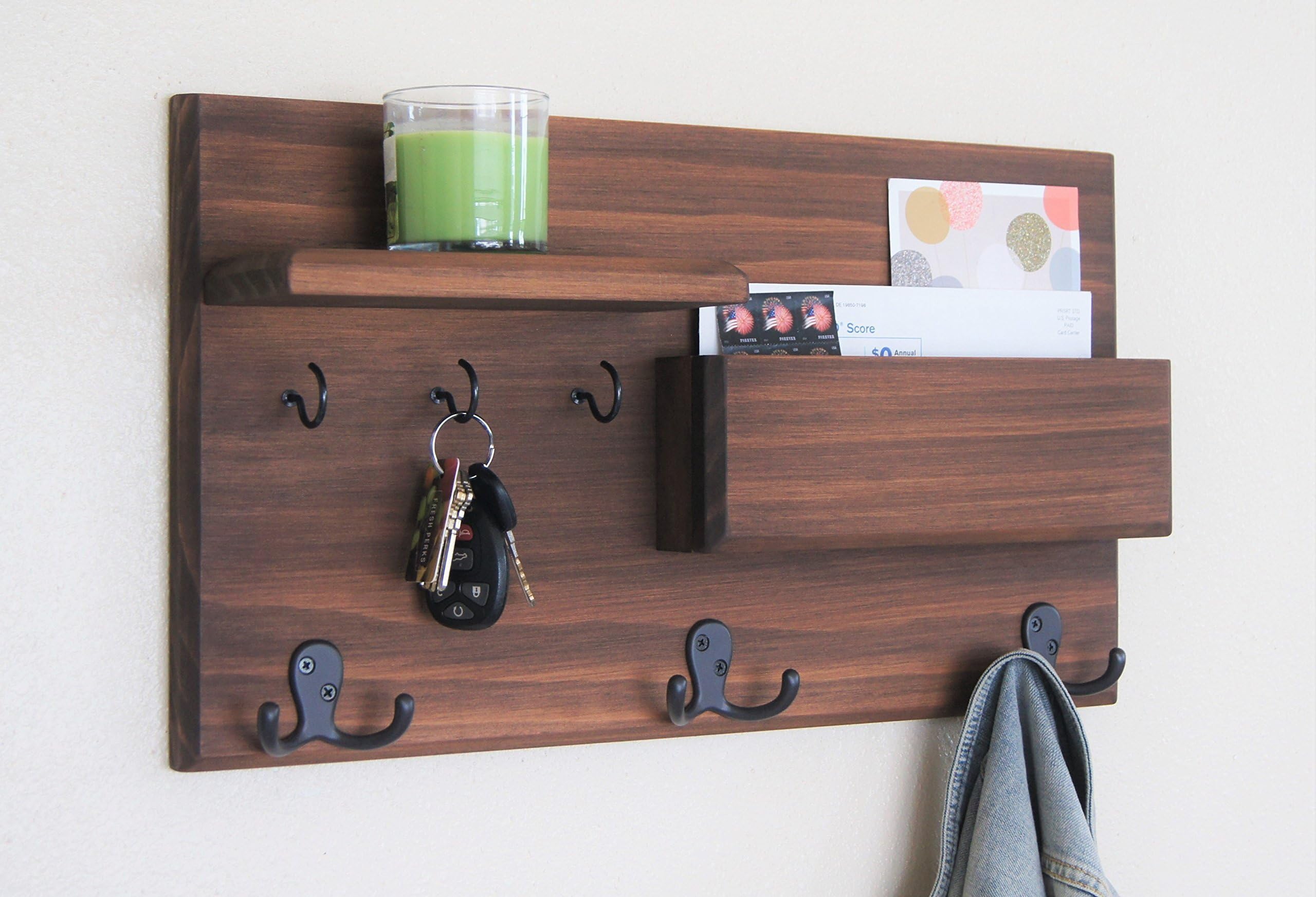 Coat Rack Chestnut Finish with Oil Rubbed Bronze Coat Hooks and Key Hooks Entryway Organizer