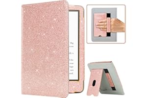 RSAquar New Kindle Paperwhite Case for 11th Generation eReader, 6.8” 2021 Edition, Premium PU Leather Cover with Auto Sleep Wake, Hand Strap, Card Slot, and Foldable Stand, Glitter Rose Gold
